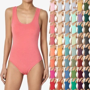 TheMogan Basic Cotton/Span Scoop Neck Tank Bodysuit Sleeveless Leotard One-Piece - Picture 1 of 188