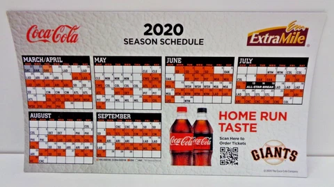 NEW Magnetic Coca-Cola San Francisco Giants 2020 Season Schedule COVID SEASON Cover