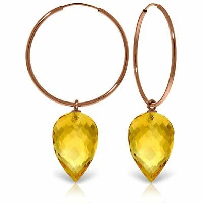 19.0 Carat 14K Solid Rose Gold Hoop Earrings w/ Pointy Briolette Drop Citrines - Image 1 of 4