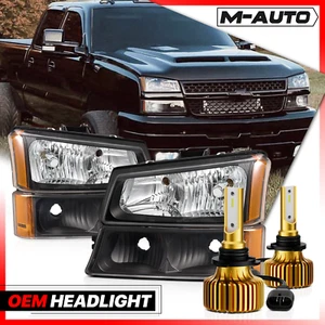 Pair Black Replacement Headlight+Bumper+6500K LED Bulb for 03-07 Chevy Silverado - Picture 1 of 16