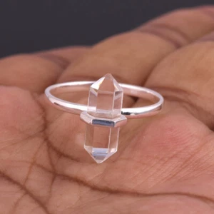 Crystal Quartz Double Terminated Crystal Point Pencil Ring 925 Sterling Silver - Picture 1 of 12