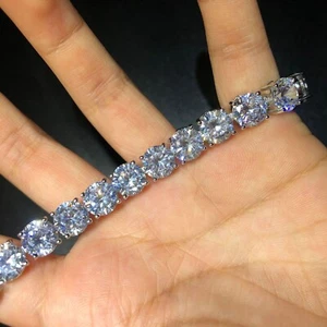 4MM Round Cut DEF Moissanite Tennis Chain Buckle Bracelet 14K White Gold Plated - Picture 1 of 3