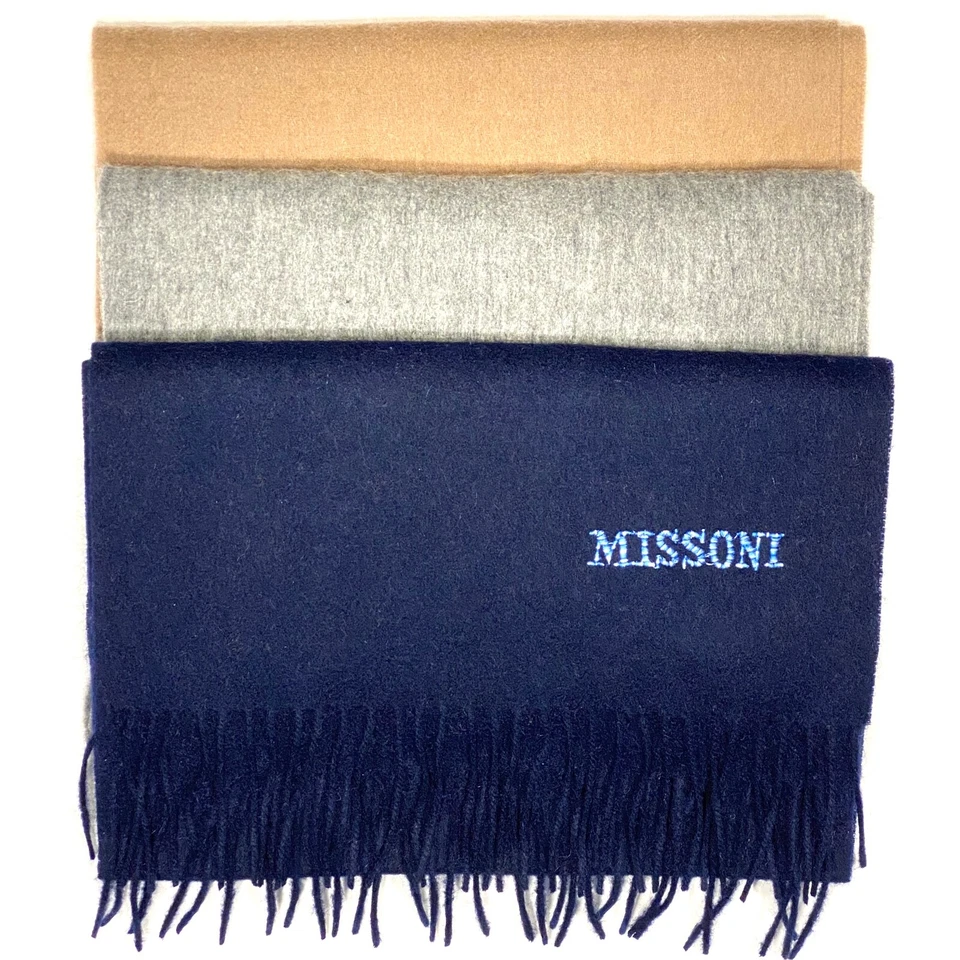 MISSONI Mens Womens Wool Fringe Scarf Blue Logo Navy Gray Beige - Image 1 of 1