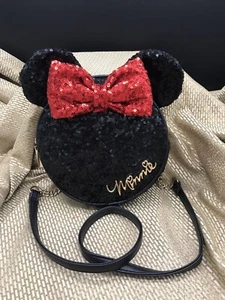 Disney Store Minnie Mouse Black Sequin Purse Excellent Condition Red Bow - Picture 1 of 3