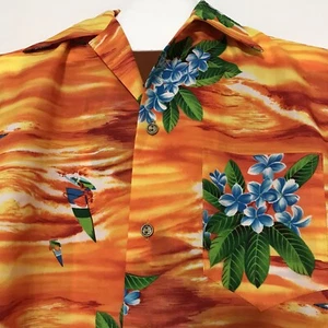 Made in Hawaii Shirt Mens M Camp Aloha Surf Floral Orange Polyester Hawaiian - Picture 1 of 9