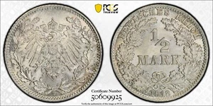 PCGS MS66 1918-D Germany-Empire J-16 Half Mark 1/2 Mk - Picture 1 of 3