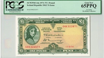 IRELAND 1 Pound 1974, P-64c (17-5-74), PCGS 65 PPQ Gem UNC, Uncirculated Grade - Image 1 of 2