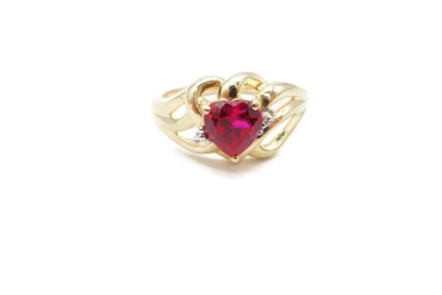 10k Yellow Gold 0.75 CT Lab-Created Ruby And Diamond Heart Ring Size 6.5 STS - Image 1 of 4