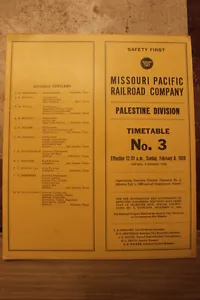 MISSOURI PACIFIC PALESTINE DIVISION EMPLOYEE TIMETABLE #3 FEBRUARY 8,1959-N MINT - Picture 1 of 2