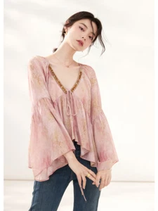 Camisa Estampada de Seda Para Mujer Verano Nueva Cuello en V Morera Seda Rosa Encaje Informal Prendas para el torso - Imagen 1 de 18