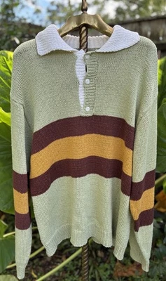 Rice Nine Ten Hand Knit Rugby Jersey Sweater Shirt Polo L/S Men’s Relaxed Sz L * - Image 1 of 4