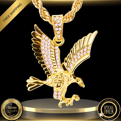 14k Gold Tone Iced Luxury CZ Eagle Pendant Jewelry + 24" Rope Chain Necklace - Image 1 of 4