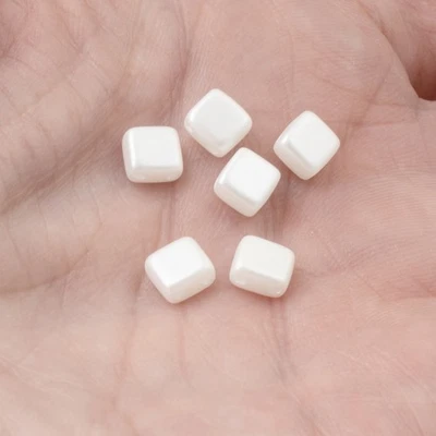 50 White Airy Pearl Tile Mini Beads, 5mm Square 2-Hole Czech Glass Beads - Image 1 of 4