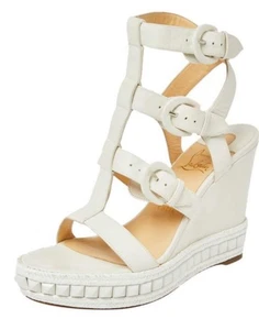 Christian Louboutin RockNBuckle Offwhite Nappa Leather Wedge Platform Sz 38/ 7.5 - Picture 1 of 14