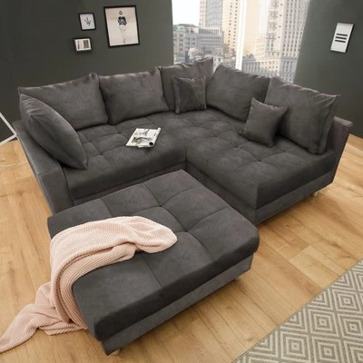 Wohnlandschaft KENT 220cm grau Samt Ecksofa Federkern inkl. Hocker & Kissen - Bild 1 von 4