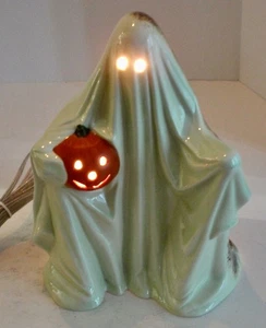 Vintage 70's Hand Painted Ceramic Ghost Pumpkin Halloween Light  9 1/4" - Picture 1 of 9