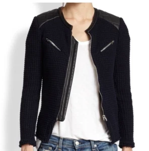 IRO Ceylona Jacket  Navy Black leather trim waffle knit Size 36/US 4 - Picture 1 of 10