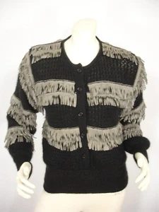 VINTAGE LINA LEE BLACK MOHAIR BLEND LEATHER FRINGE 3/4 BUTTON SWEATER WOMEN'S 38 - Picture 1 of 12