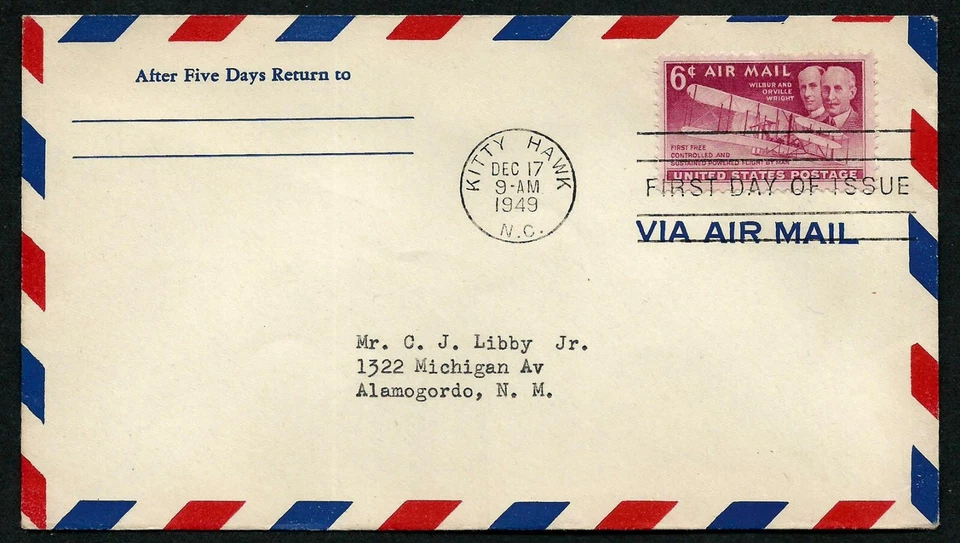 USA, SCOTT # C45, AIRMAIL FDC COVER - WRIGHT BROTHERS, FIRST AIRPLANE, 1949 - Image 1 of 1