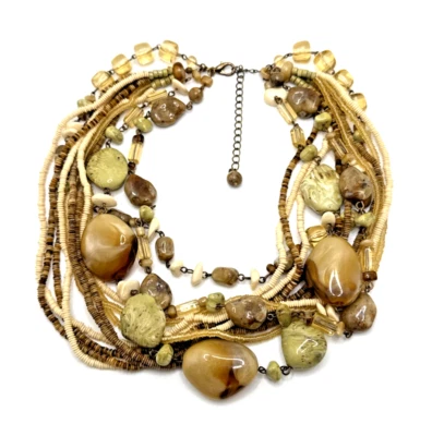 Boho Multi Strand Choker Necklace Beige Brown Lucite Faux Stone Statement 18" - Image 1 of 4