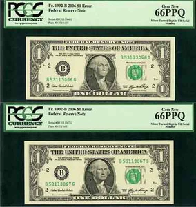 CONSEC PAIR: $1 2006 TURNED DIGIT ERRORS in SERIAL NUMBERS PCGS Gem New 66PPQ - Picture 1 of 2