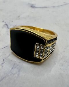 Vintage Men’s Yellow Gold Plated Cubic Zirconia Black Enamel Signet Pinky Ring