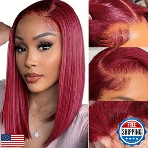 Hoscod Brazilian Burgundy 13x4 HD Transparent Lace Front Wig Human Hair 99J B - Picture 1 of 5