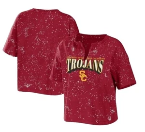 USC TROJANS Women Bleach Wash Splatter Cropped Notch Neck T-Shirt Size 2xl - Picture 1 of 1