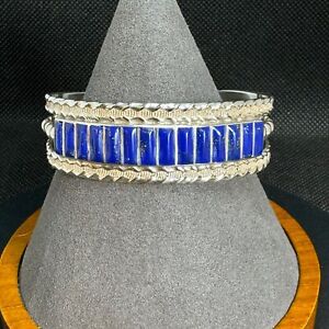 VTG Sterling Silver 925 Lapis Lazuli Inlay Cuff Bracelet Size 1.25'' Diameter