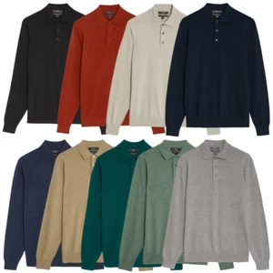 Mens M&S Cotton Rich Knitted Long Sleeve Polo Shirt Sizes XS - 4XL - Picture 1 of 10