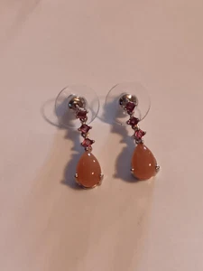 Orange Moonstone & Garnet Earrings in Platinum Overlay Sterling Silver - Picture 1 of 5