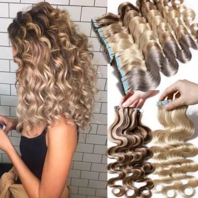 20-60 Tressen Dick Tape In Russisch Remy Echthaar Extensions Gewellt Skin Weft