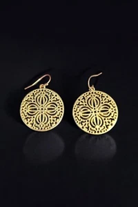 Gold Plated Filigree Mandala Disc Drop Wire Earrings - Picture 1 of 2
