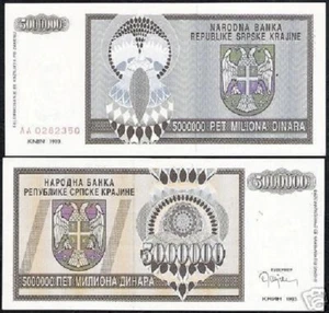 CROATIA 5,000,000 5 MILLION 5000000 DINARA R-11 1993 x 10 Pcs KRAJINA *AA* UNC - Picture 1 of 2