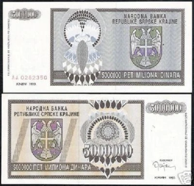 CROATIA 5,000,000 5 MILLION 5000000 DINARA R-11 1993 x 10 Pcs KRAJINA *AA* UNC - Image 1 of 2