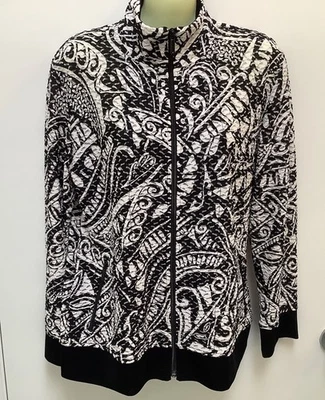 Chicos Zip UP Front Bomber Jacket Black White Abstract Size 1 Zip Pockets - Image 1 of 4