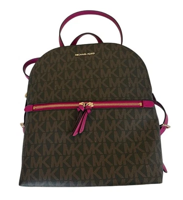 MICHAEL KORS Dallas MD MOCHILA DELGADA MK Signature Marrón y Fushcia Nueva con Etiquetas Foto 1 de 4
