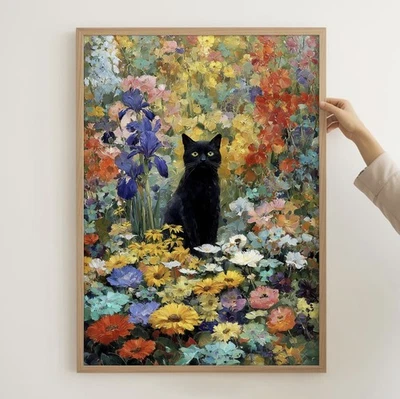 Klimt Floral Cat Poster | Gustav Klimt "The Garden" Inspired Print | Black Cat - Image 1 of 4