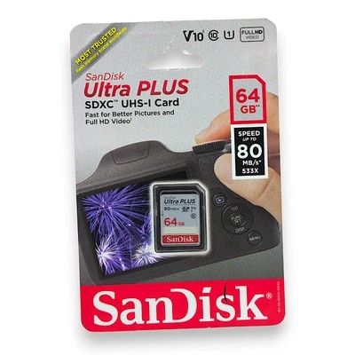 SanDisk 64GB Ultra PLUS 80MB/s SDHC SD Card Class 10 New - Image 1 of 2