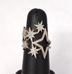 925 Sterling Silver CZ Star, Orbital, Space Fashion Ring - Size 7 - Picture 1 of 3