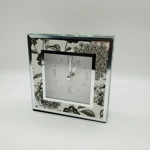 CONCEPTS IN TIME Floral 5.5" Square Mirrored Glass Shelf Clock Quartz Blk/White - Picture 1 of 8