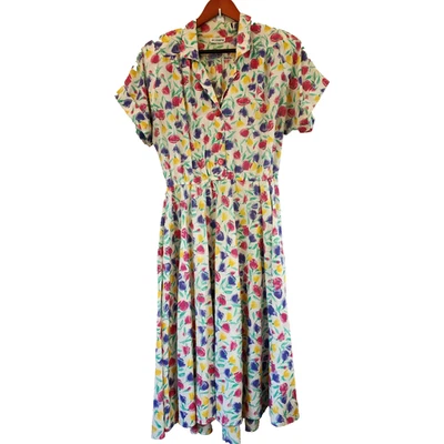 Vestido Camisa Midi Acampanado De Colección Años 70 Floral Colorido Cuello Mujeres M Retrolook Foto 1 de 4