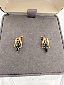 14K Solid Gold Natural Sapphire & Diamond Earrings – Marquise Cut, JC Penney - Picture 1 of 9