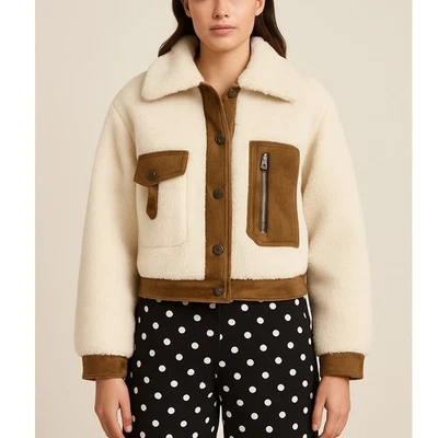 Chaqueta de aviador Topshop imitación piel de oveja marrón crema forrada abrigo de invierno S Foto 1 de 4