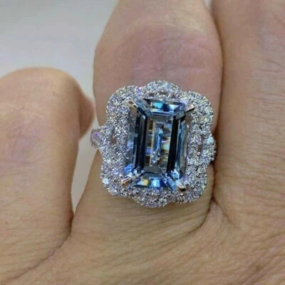 4.20Ct Emerald cut Aquamarine Natural Diamond Wedding Ring 14K Solid White Gold6 - Image 1 of 4