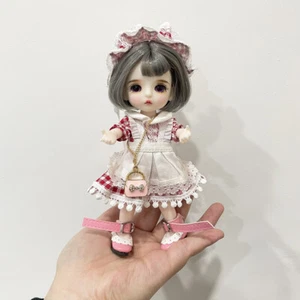 16cm BJD Doll 1/8 Girls Full Set Red Plaid White Dress Shoes Wigs Replacement - Picture 1 of 9