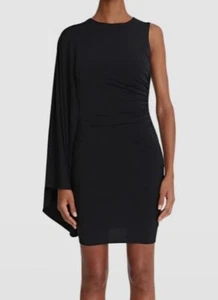 $375 Halston Women's Black Kenna One-Sleeve Ruched Dress Size 2 - Picture 1 of 4