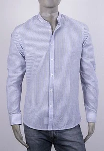 CAMICIA MARKUP IN COTONE GOFFRATO COLLO COREANA A RIGHE BIANCHE E CELESTI SLIM - Foto 1 di 7