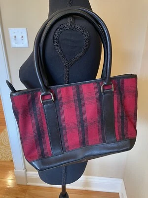 LL Bean Medium Tote/Purse 100% Wool Leather Bottom Red/Black Plaid - Image 1 of 4