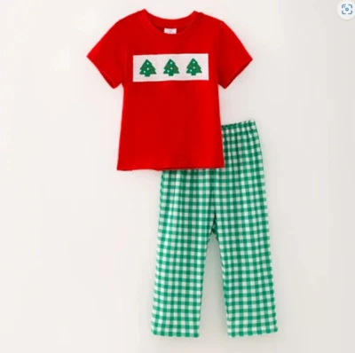 NEW Boutique Christmas Tree Boys Smocked Embroidered Shirt Plaid Pants Outfit - Image 1 of 4